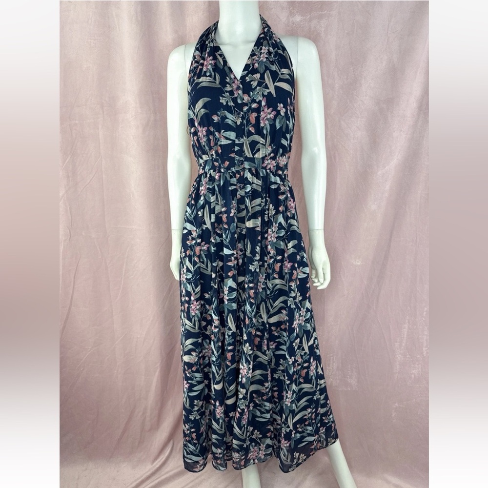 Gal Meets Glam Womens Blue Sienna Button Down Floral Halter Maxi Dress Size 2